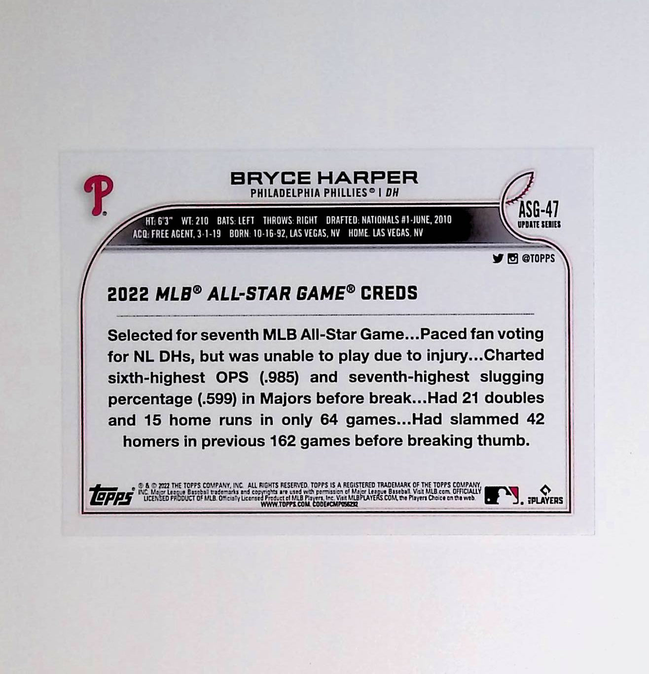 Bryce Harper 2022 Topps Update '22 All Star Game #ASG-47 - LoCo Collectables