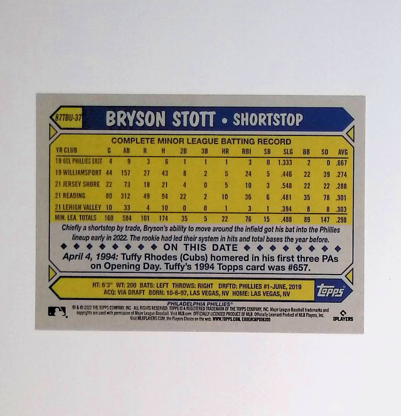 Bryson Stott 2022 Topps Update '87 Topps #87TBU-37 (Rookie Card) - LoCo Collectables