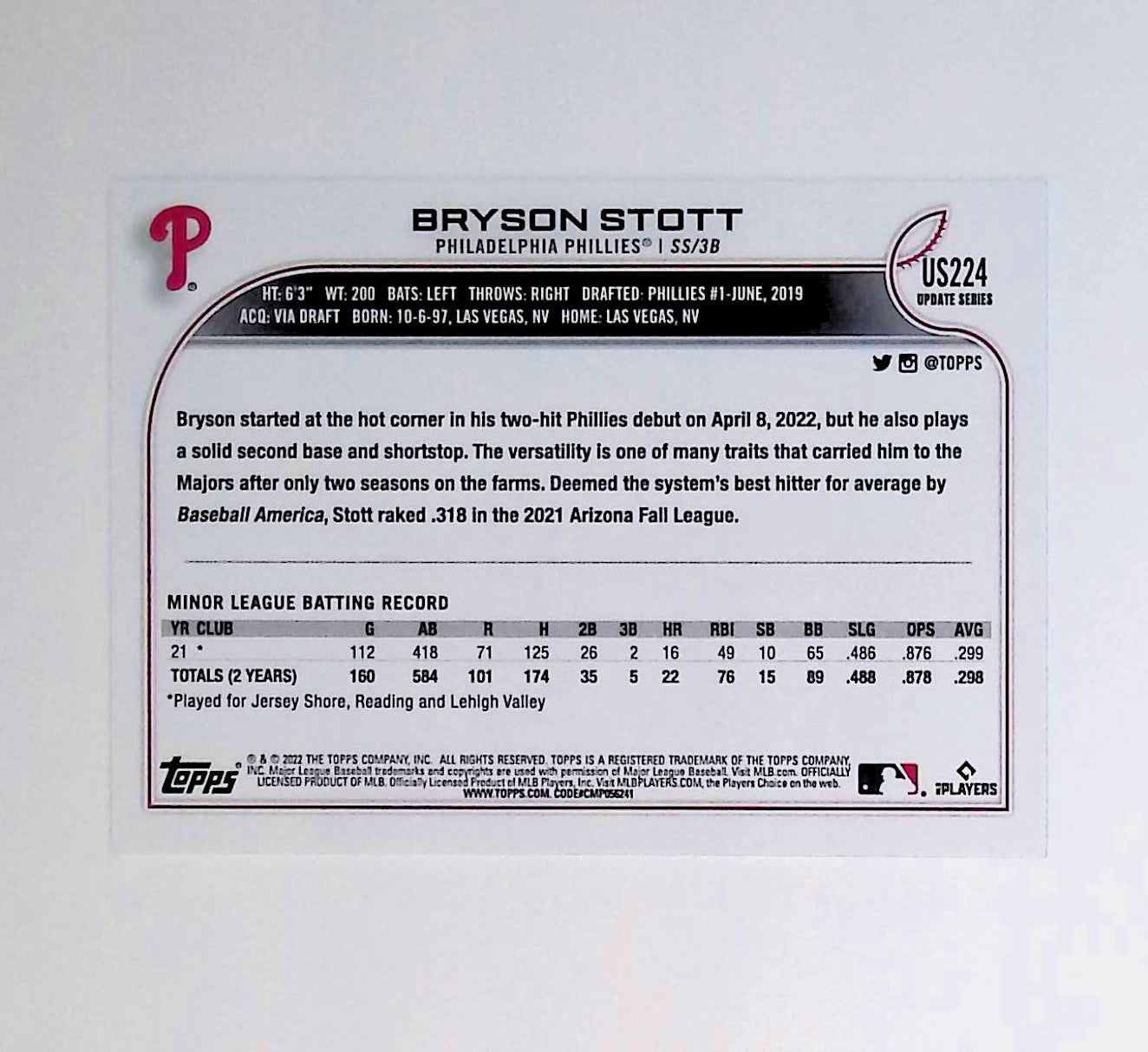 Bryson Stott 2022 Topps Update #US224 (Rookie Card) - LoCo Collectables