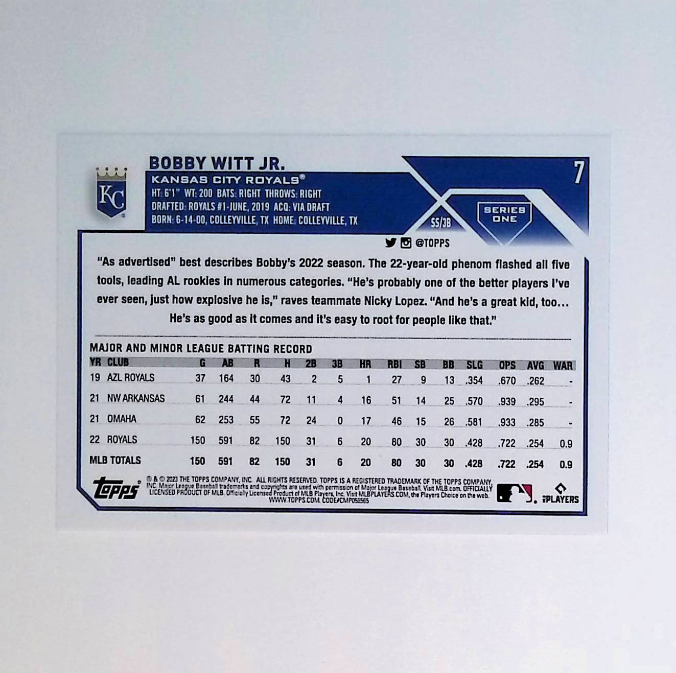 Bobby Witt Jr 2023 Topps #7 (All-Star Rookie Cup) - LoCo Collectables