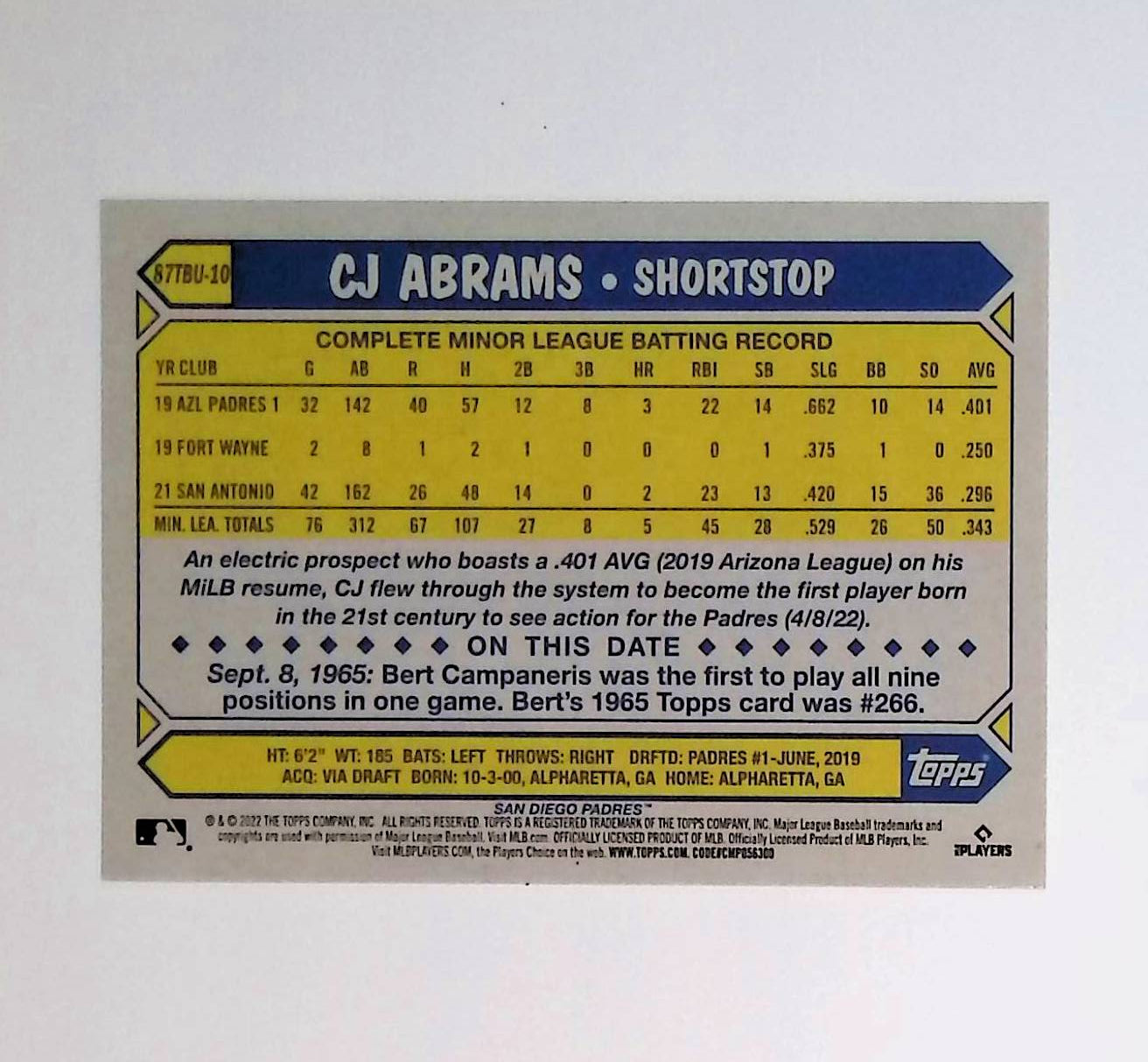 CJ Abrams 2022 Topps Update '87 Topps #87TBU-10 (Rookie Card) - LoCo Collectables