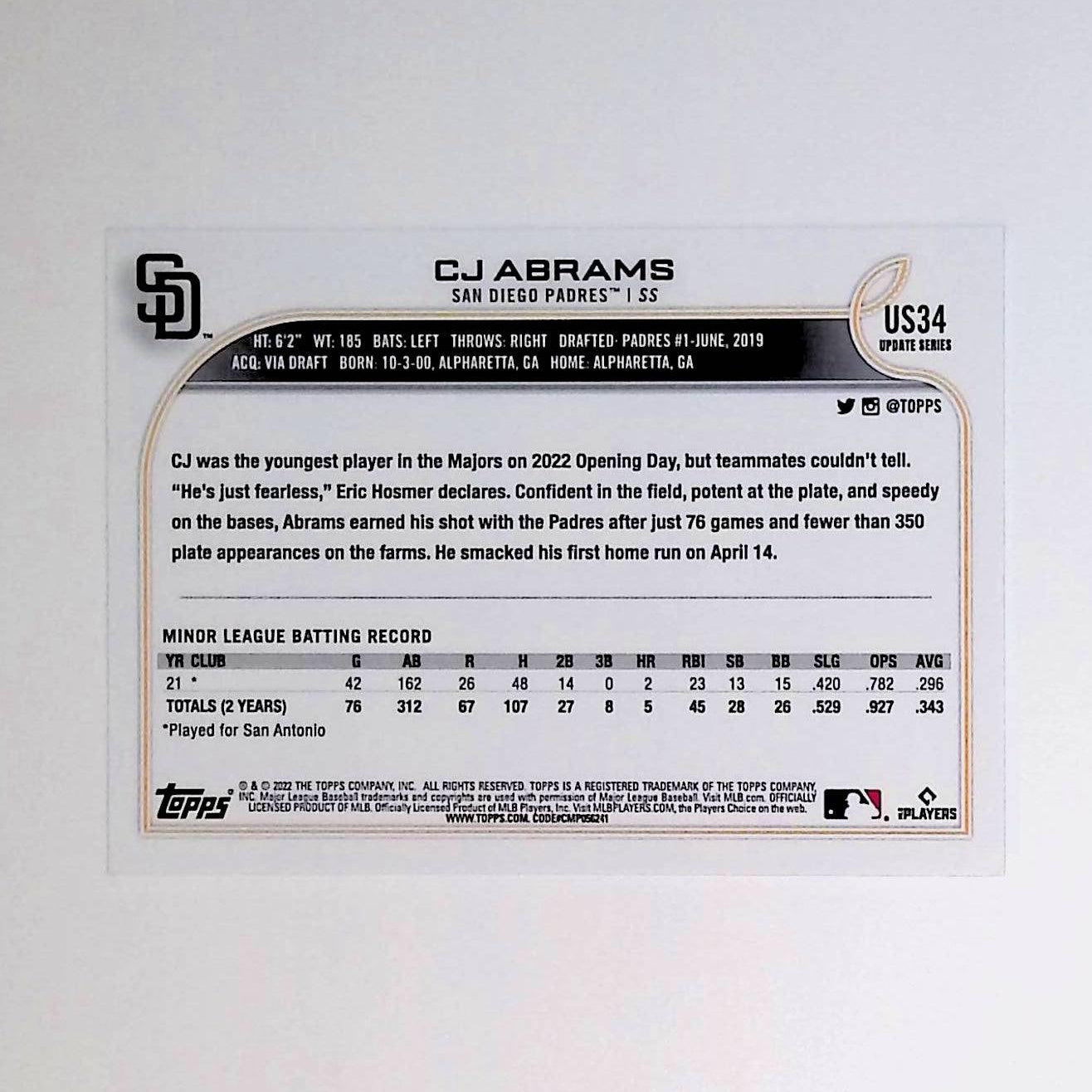 CJ Abrams 2022 Topps Update #US34 (Rookie Card) - LoCo Collectables
