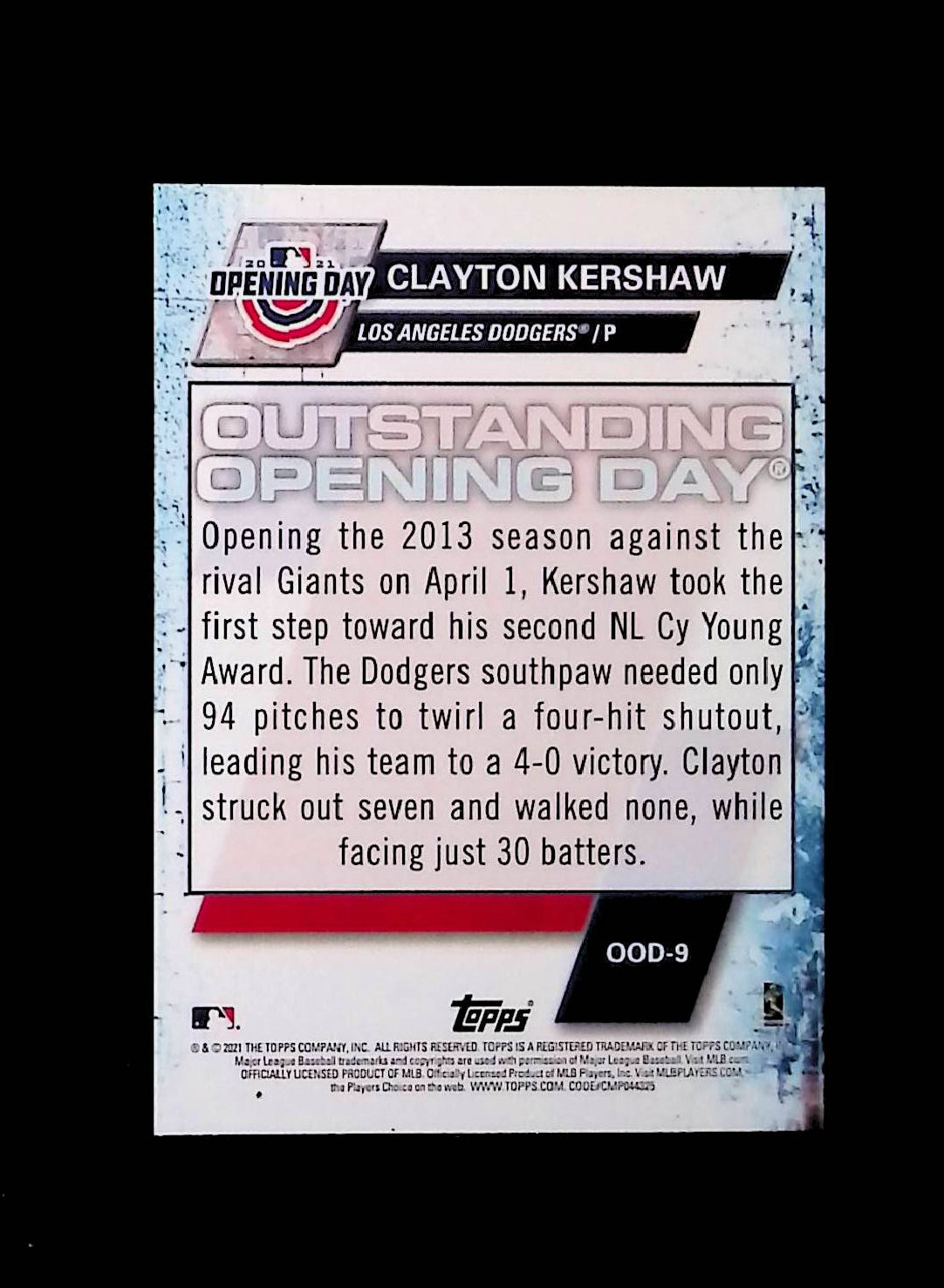 Clayton Kershaw 2021 Topps Opening Day Outstanding Opening Days #OOD-9 - LoCo Collectables