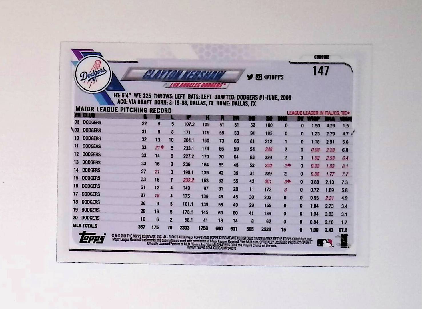 Clayton Kershaw 2021 Topps Chrome #147 - LoCo Collectables