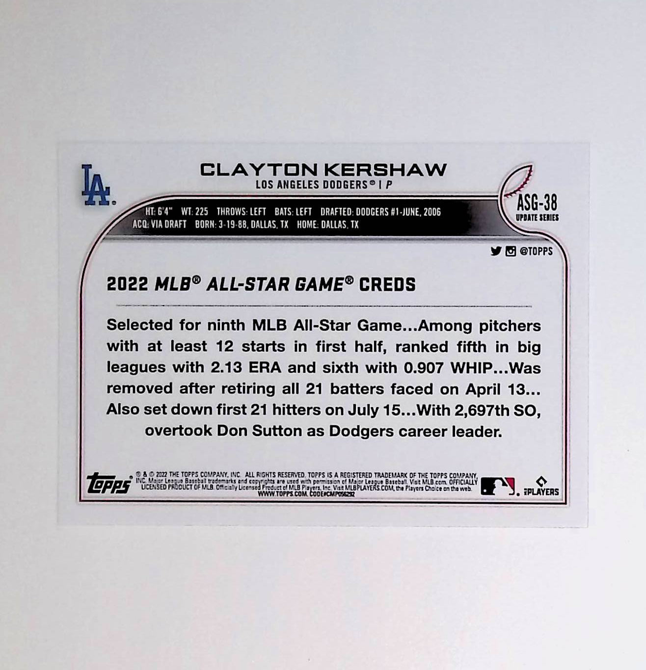 Clayton Kershaw 2022 Topps Update '22 All Star Game #ASG-38 - LoCo Collectables