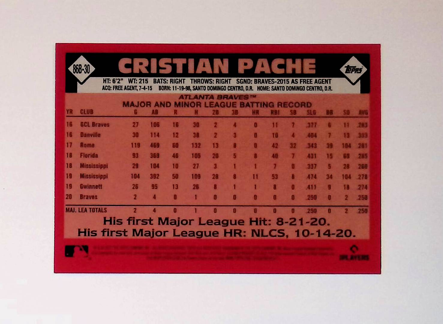 Cristian Pache 2021 Topps '86 Topps #86B-30 (Rookie Card) - LoCo Collectables