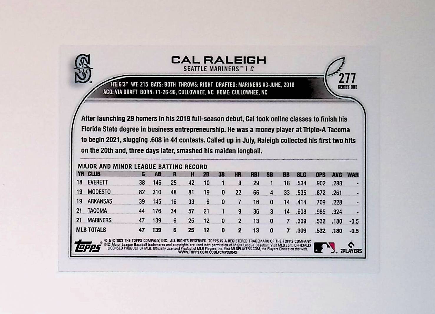 Cal Raleigh 2022 Topps #277 (Rookie Card) - LoCo Collectables