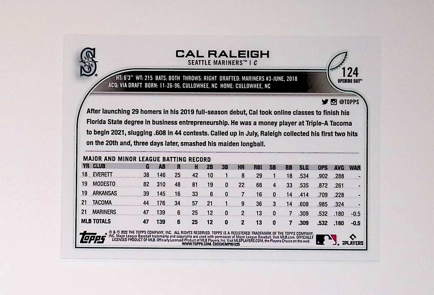 Cal Raleigh 2022 Topps Opening Day #124 (Rookie Card) - LoCo Collectables