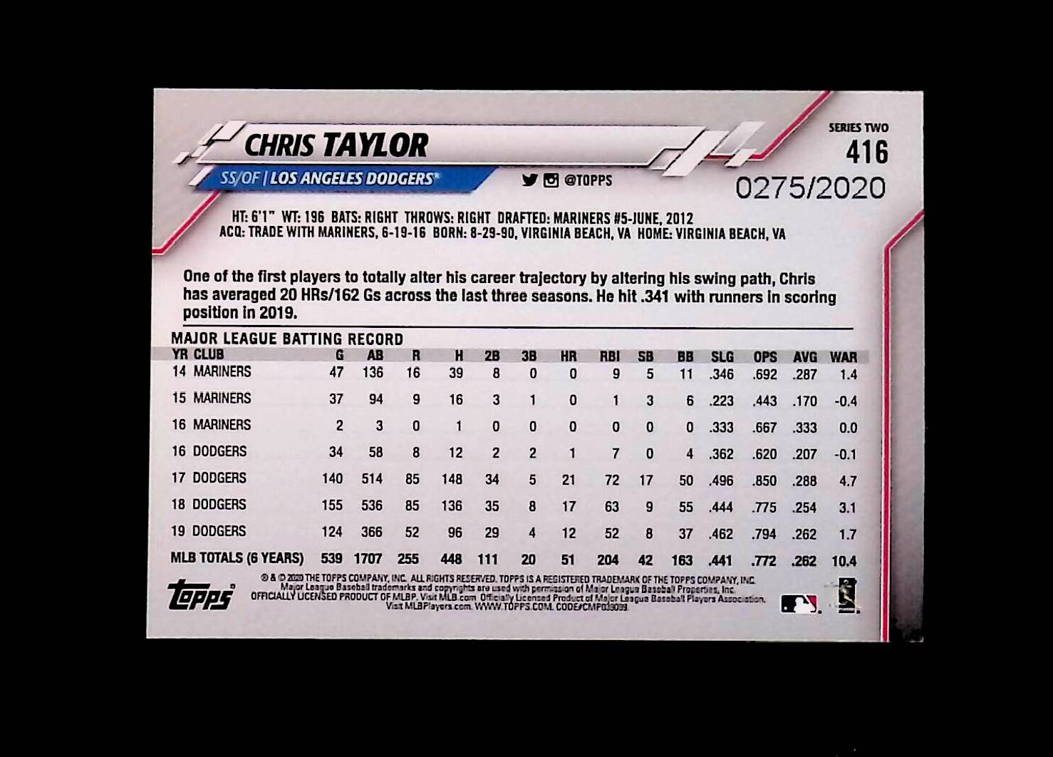 Chris Taylor 2020 Topps Gold Parallel #416, 275 /2020 - LoCo Collectables