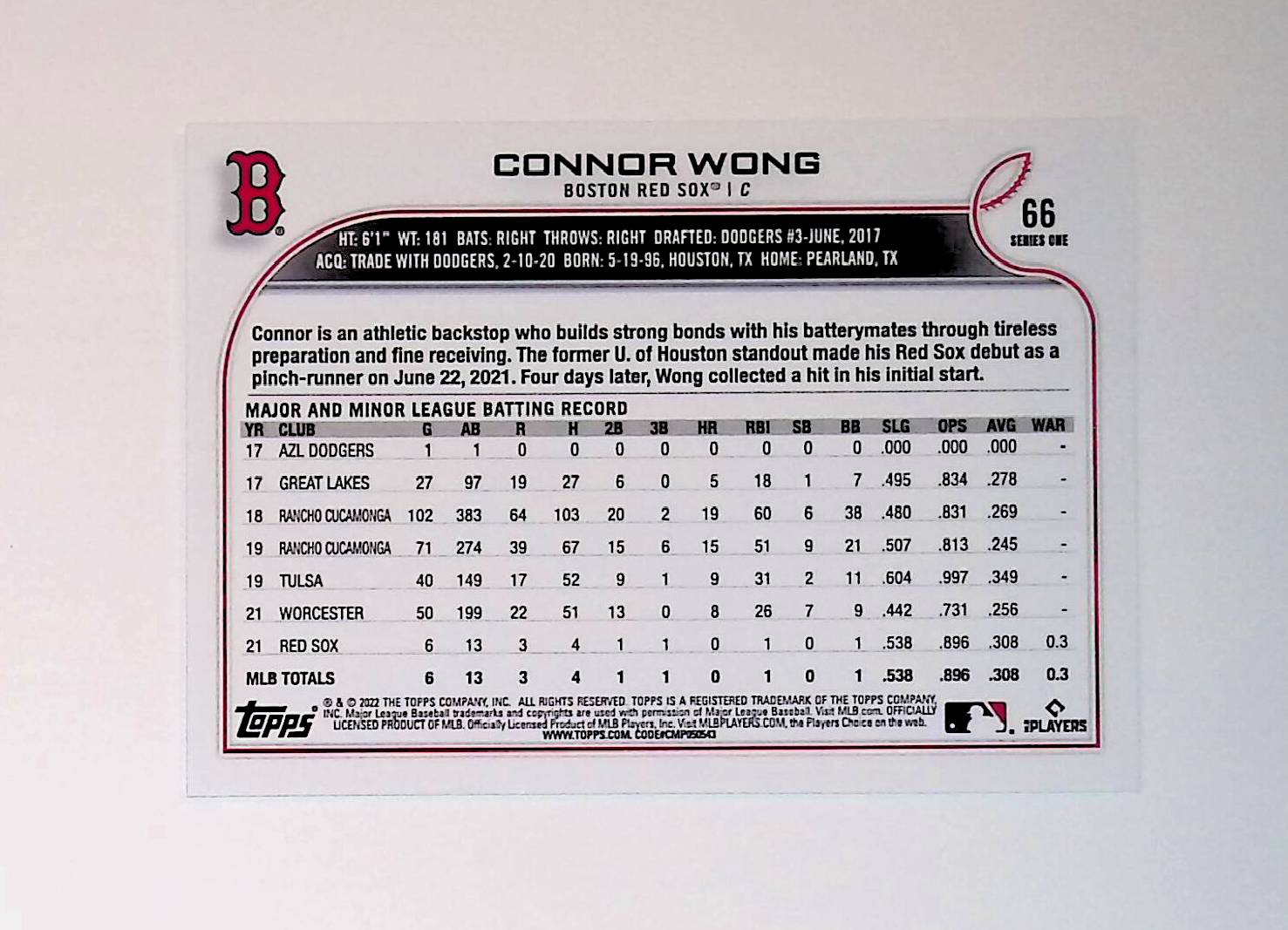 Connor Wong 2022 Topps #66 (Rookie Card) - LoCo Collectables