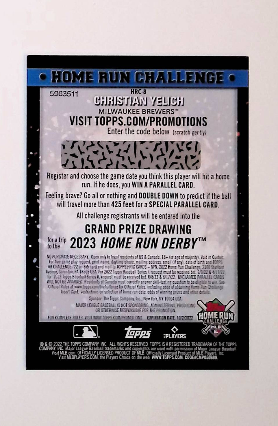 Christian Yelich 2022 Topps Home Run Challenge Code Card #HRC-8 (Unscratched) - LoCo Collectables