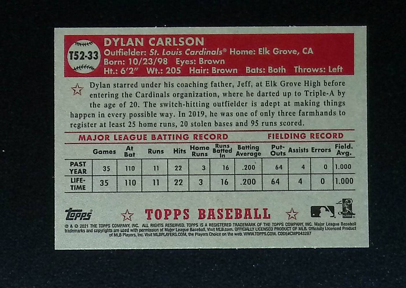 Dylan Carlson 2021 Topps '52 Topps Redux #T52-33 (Rookie Card) - LoCo Collectables