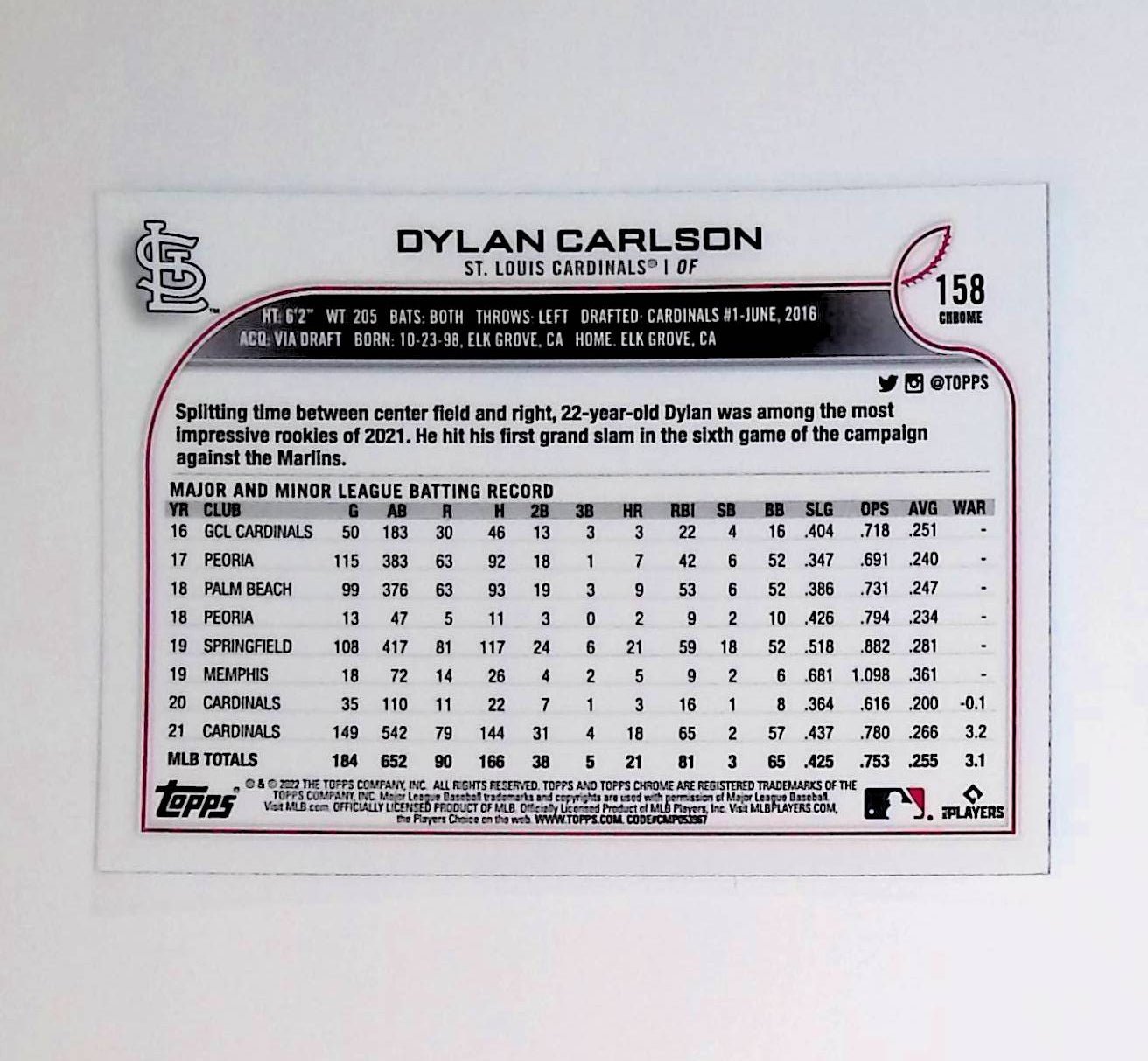 Dylan Carlson 2022 Topps Chrome #158 (All-Star Rookie Cup) - LoCo Collectables