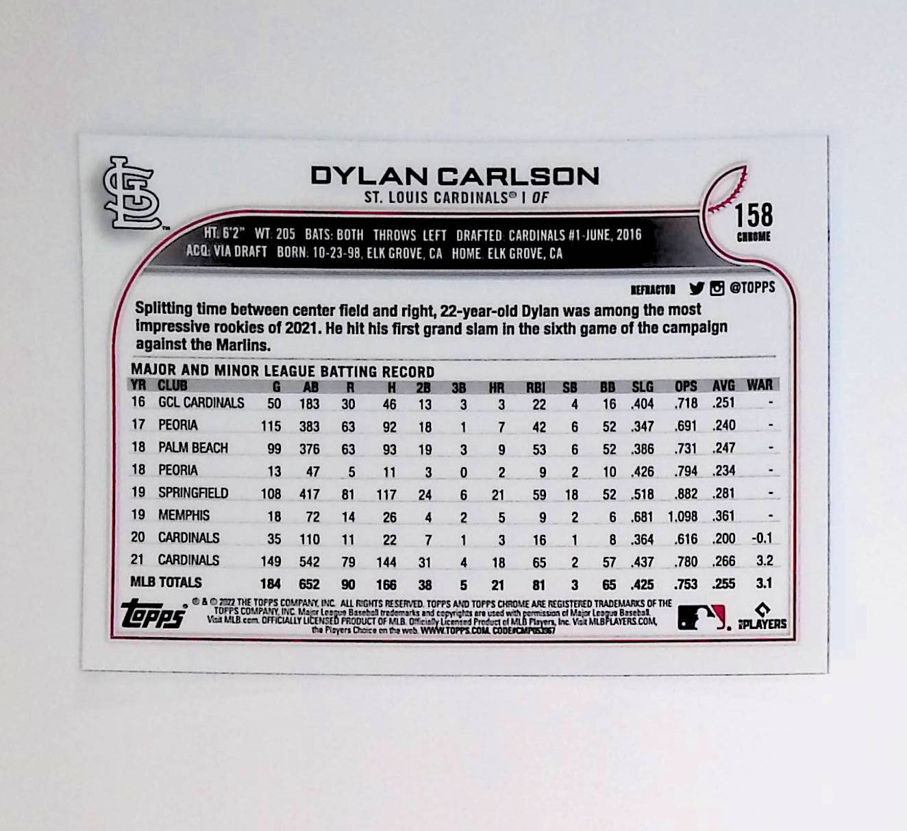 Dylan Carlson 2022 Topps Chrome Refractors #158 (All-Star Rookie Cup) - LoCo Collectables