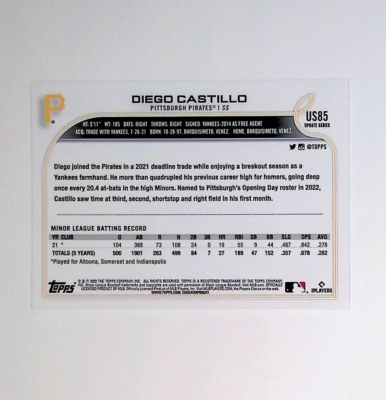 Diego Castillo 2022 Topps Update #US85 (Rookie Card) - LoCo Collectables