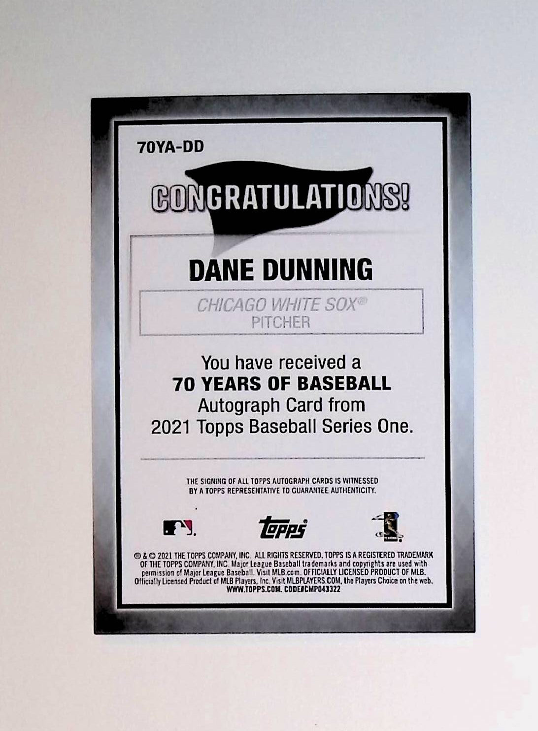 Dane Dunning 2021 Topps 70 Years of Baseball Autographs #70YA-DD (Rookie Card) - LoCo Collectables