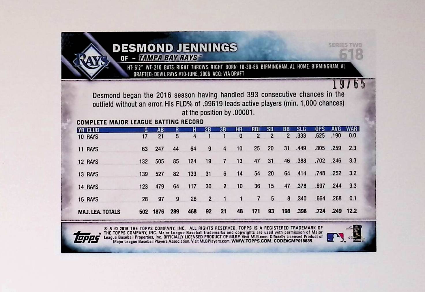 Desmond Jennings 2016 Topps Black #618 19/65 - LoCo Collectables