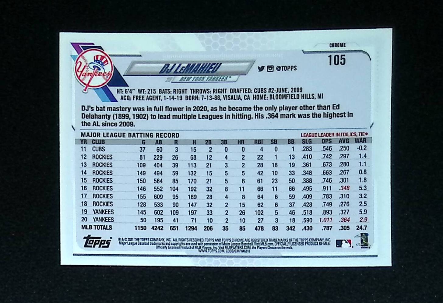 DJ LeMahieu 2021 Topps Chrome X-Fractors #105 - LoCo Collectables