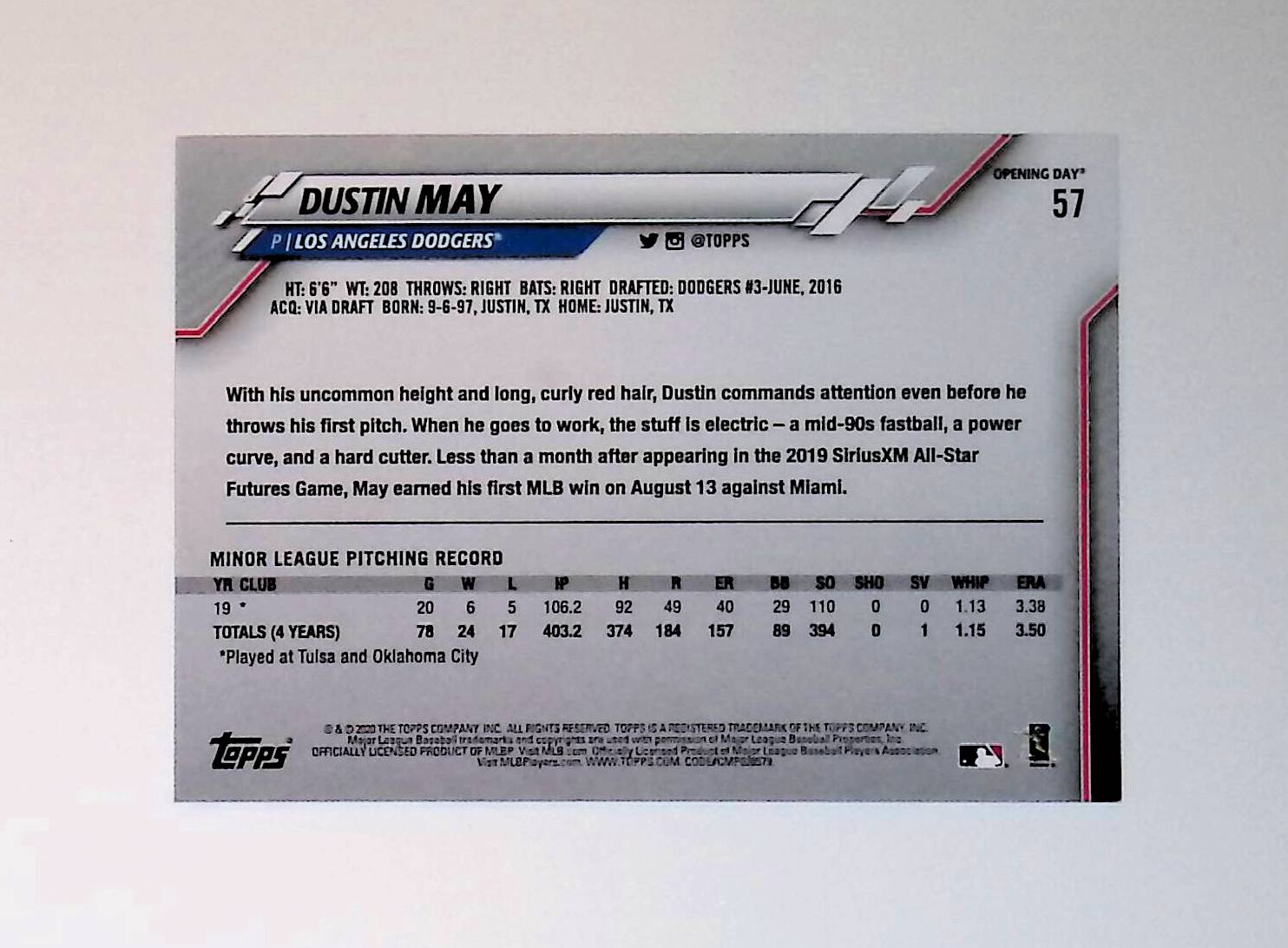 Dustin May 2020 Topps Opening Day #57 (Rookie Card) - LoCo Collectables