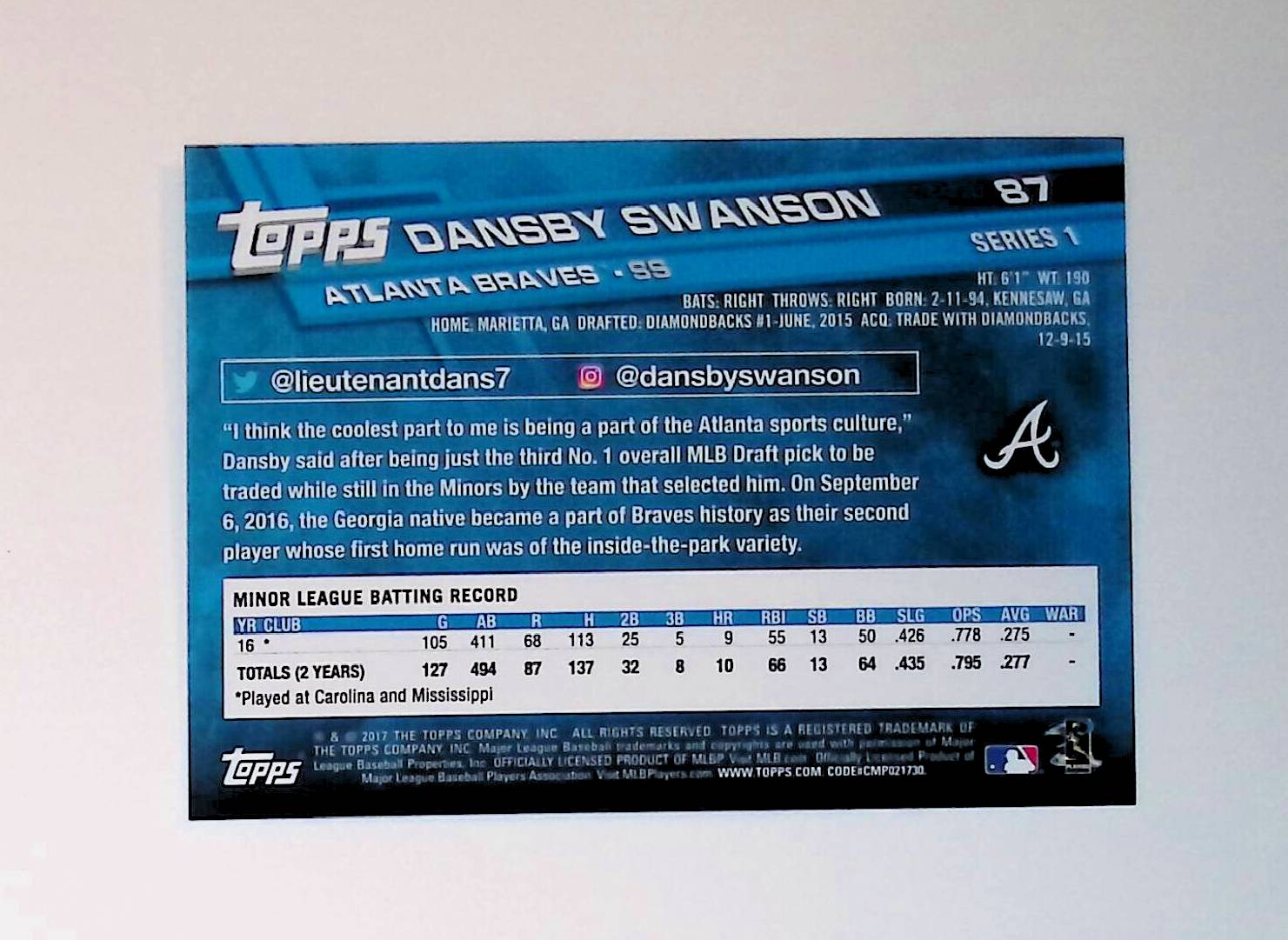 Dansby Swanson 2017 Topps #87 (Rookie Card) - LoCo Collectables