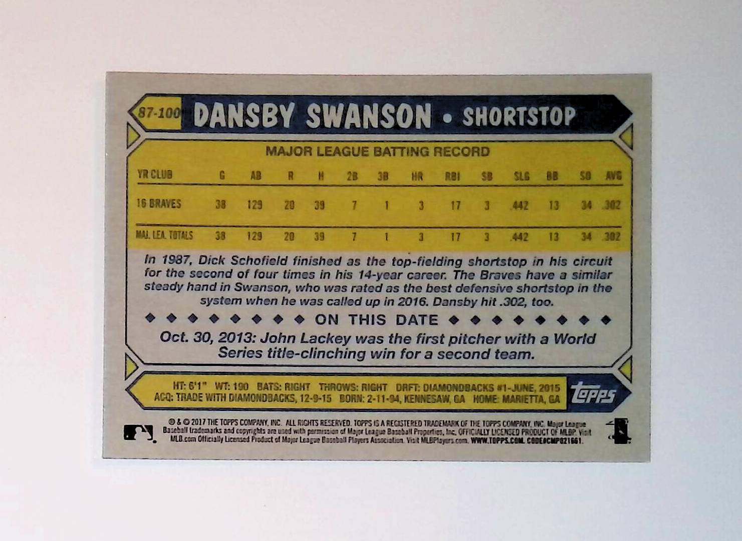 Dansby Swanson 2017 Topps '87 Topps #87-100 (Rookie Card) - LoCo Collectables