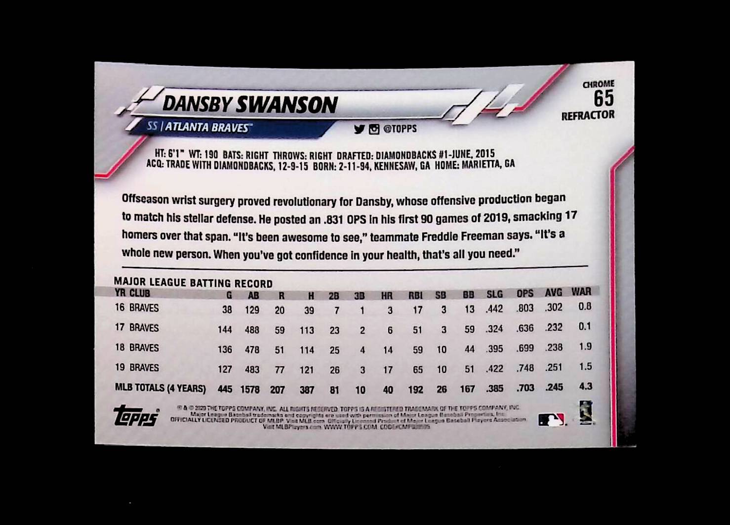 Dansby Swanson 2020 Topps Chrome Pink Refractors #65 - LoCo Collectables