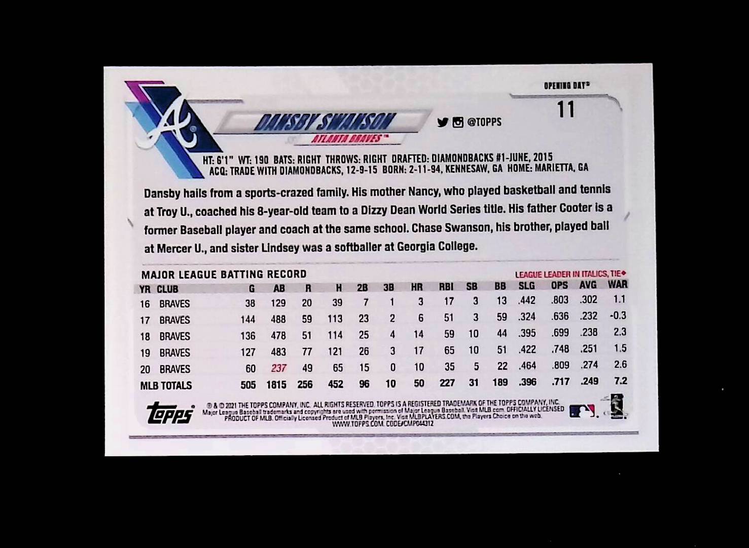 Dansby Swanson 2021 Topps Opening Day #11 - LoCo Collectables