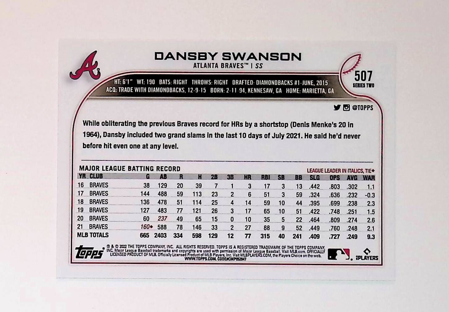 Dansby Swanson 2022 Topps #507 - LoCo Collectables