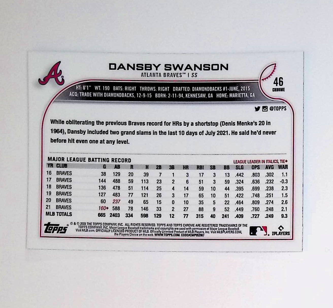 Dansby Swanson 2022 Topps Chrome #46 - LoCo Collectables