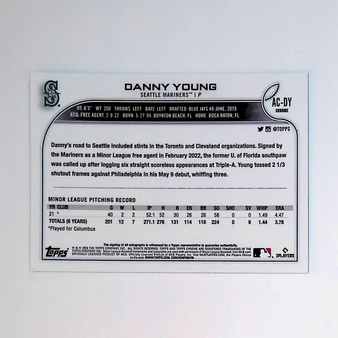 Danny Young 2022 Topps Chrome Update Autographs #AC-DY (Rookie Card) - LoCo Collectables