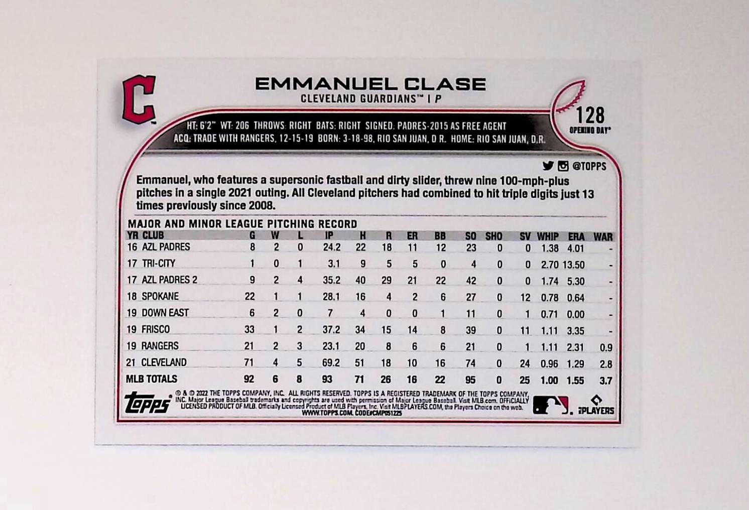 Emmanuel Clase 2022 Topps Opening Day Blue Foil #128 (All-Star Rookie Cup) - LoCo Collectables