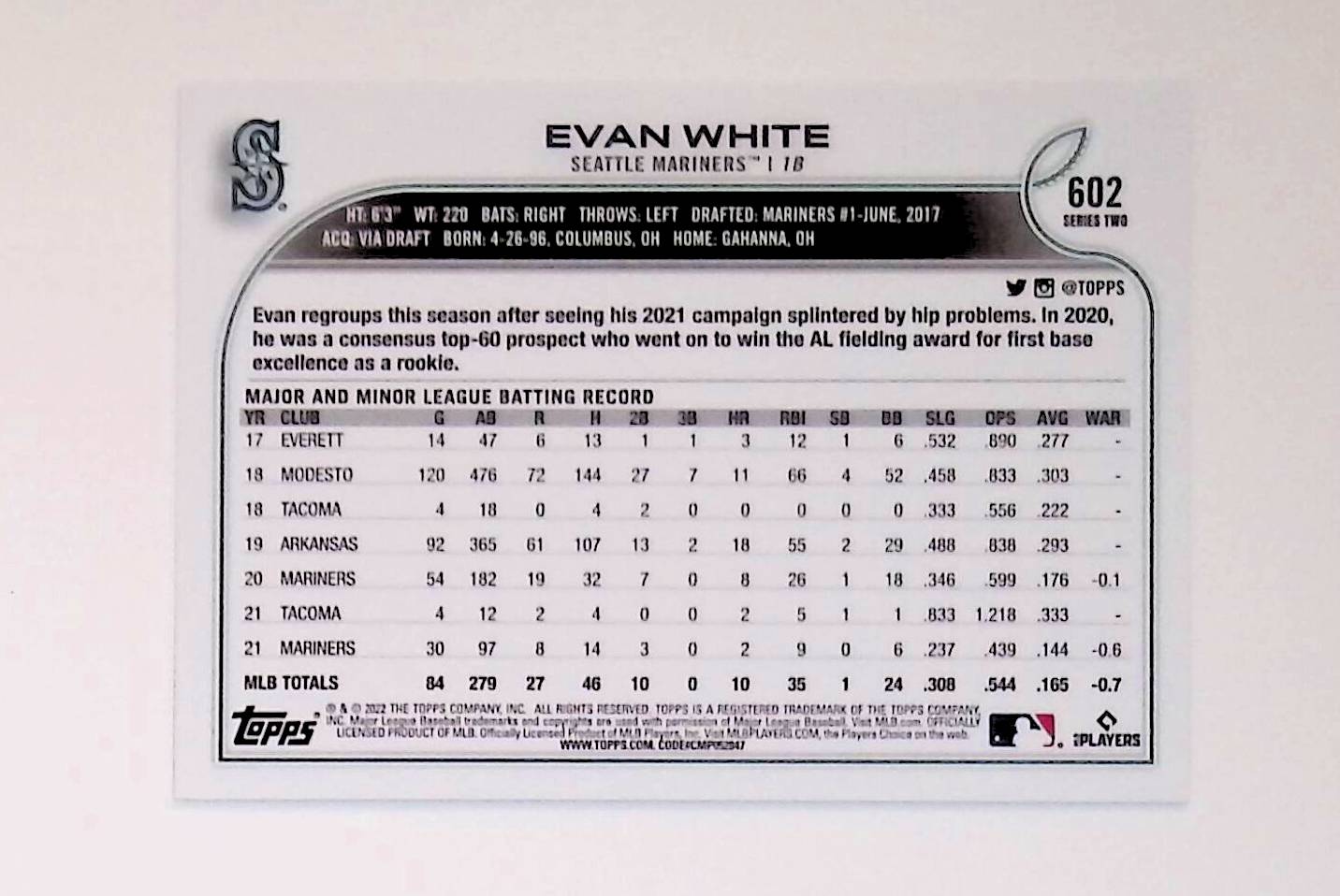 Evan White 2022 Topps Royal Blue #602 - LoCo Collectables