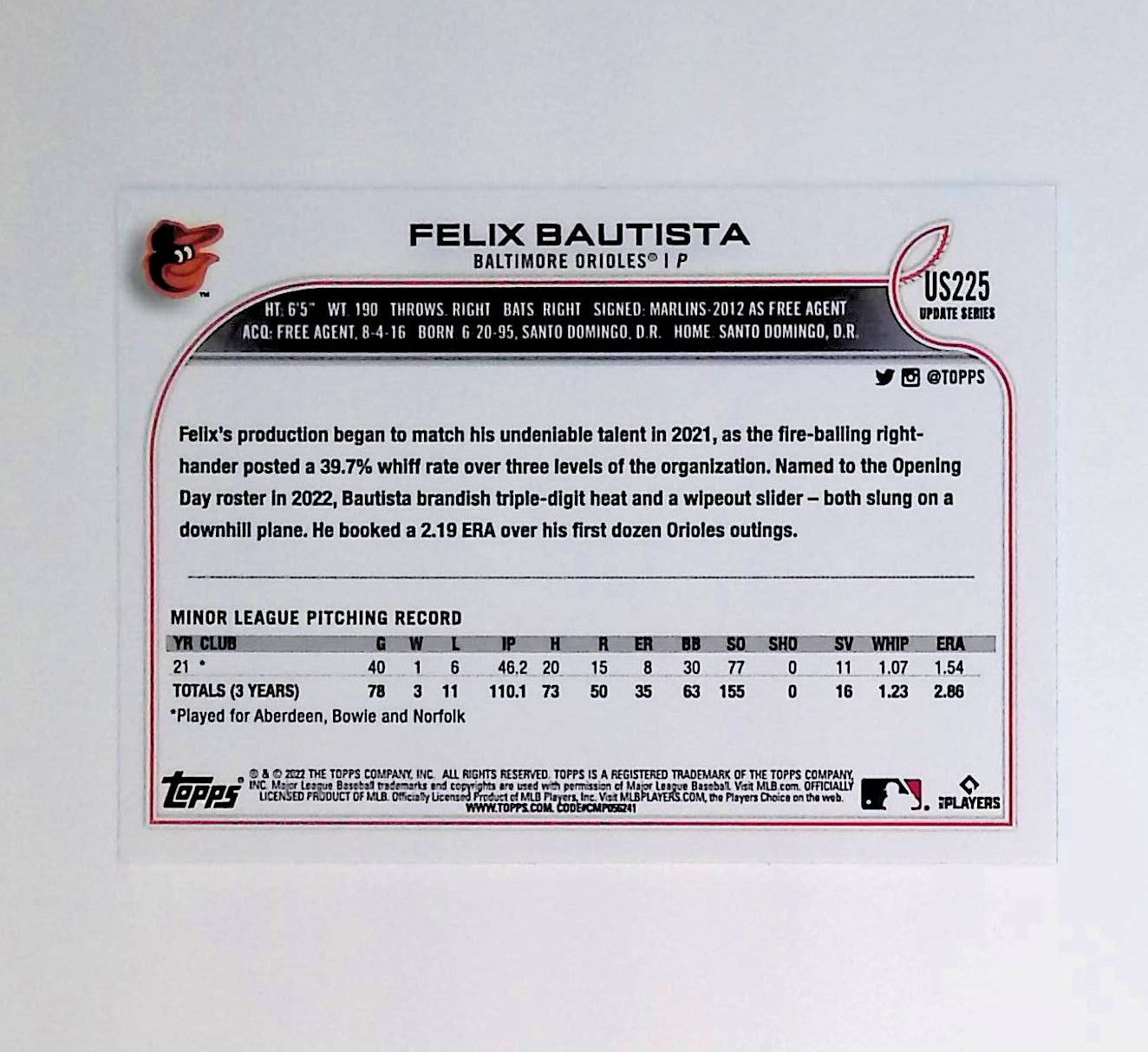 Felix Bautista 2022 Topps Update #US225 (Rookie Card) - LoCo Collectables