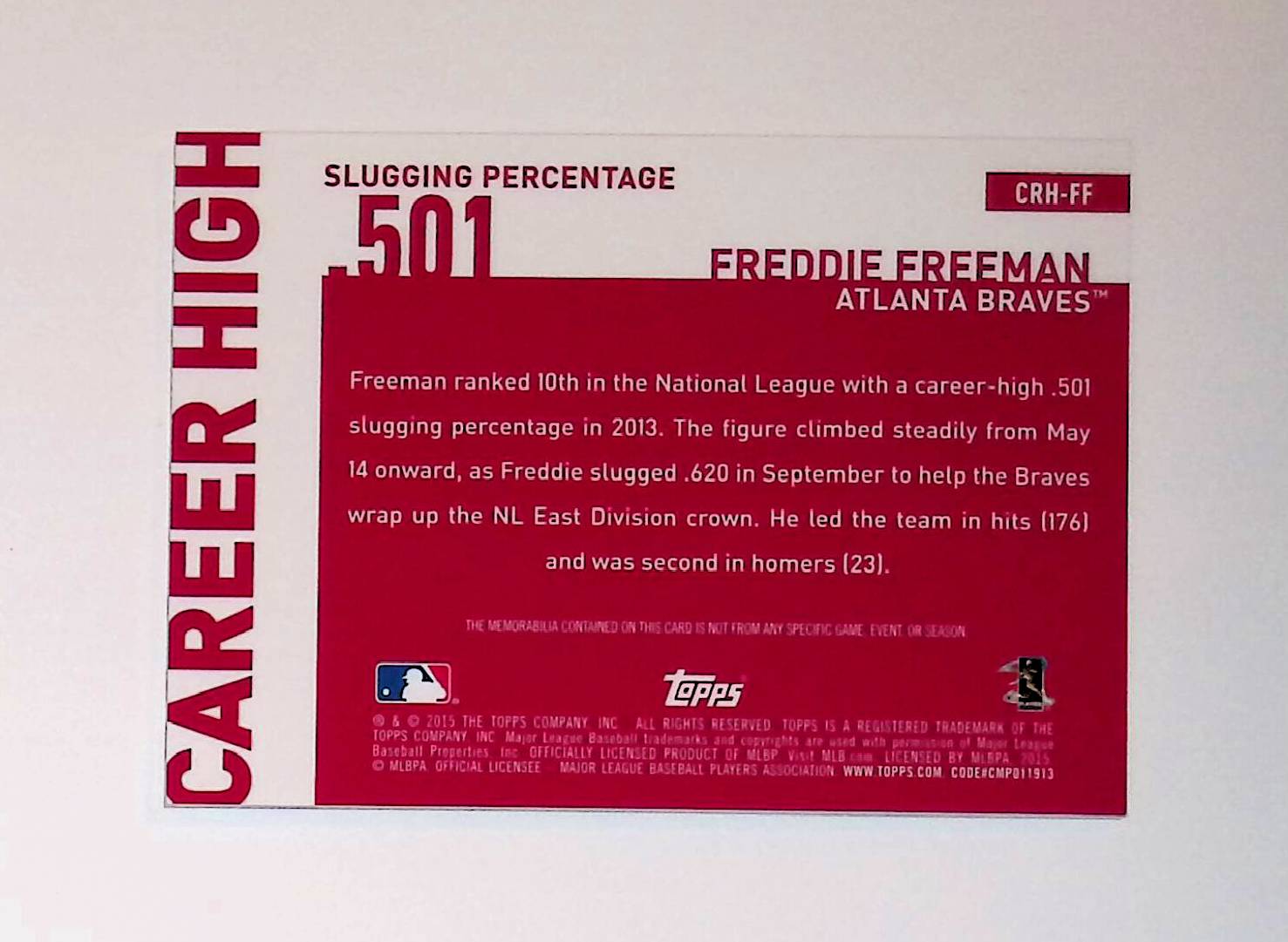 Freddie Freeman 2015 Topps Career High Relics #CRH-FF - LoCo Collectables