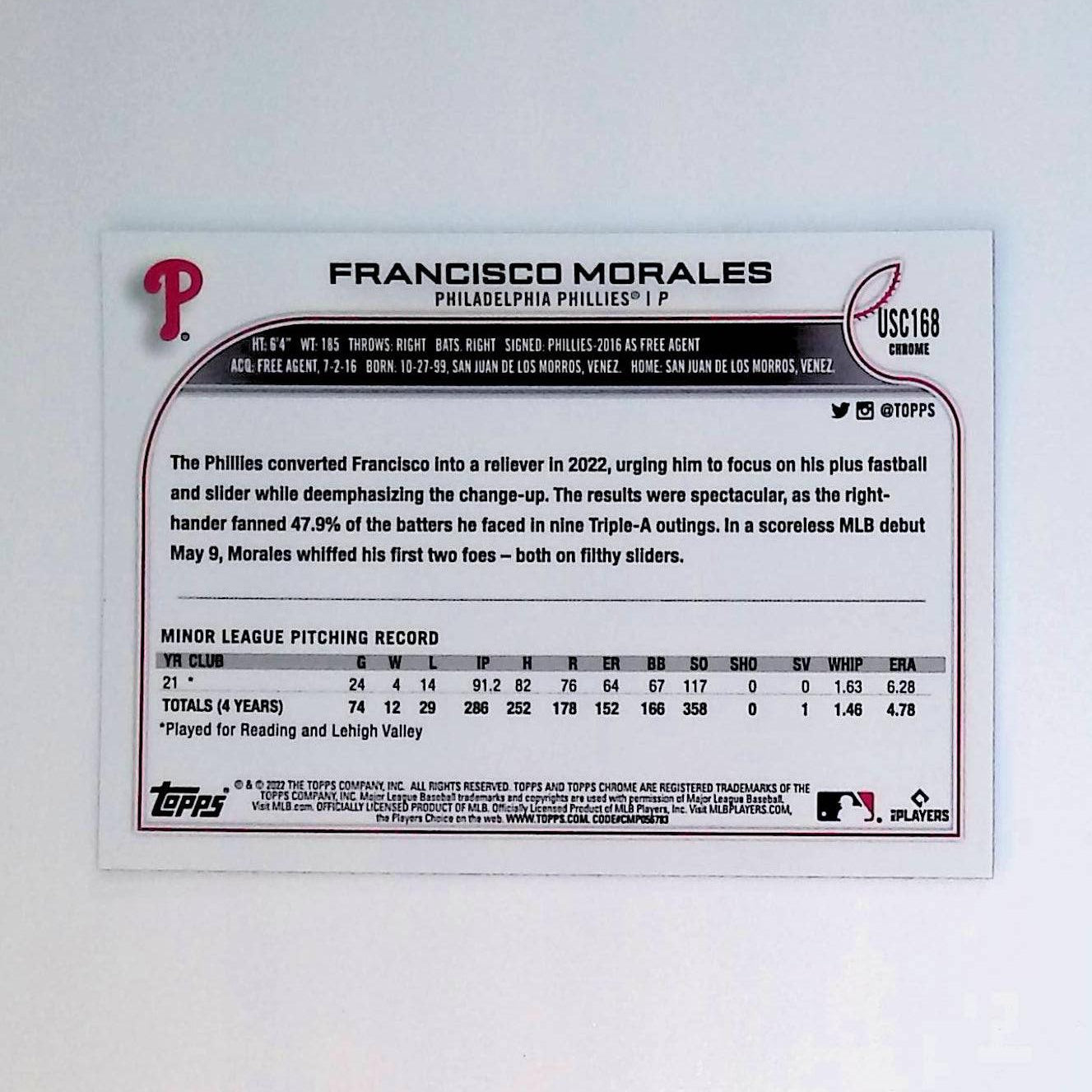 Francisco Morales 2022 Topps Chrome Update Purple Refractors #USC168 (Rookie Card) - LoCo Collectables