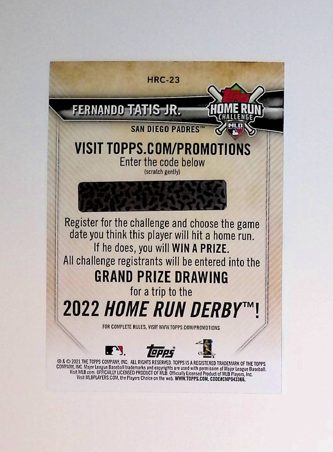 Fernando Tatis Jr 2021 Topps Home Run Challenge Code Cards #HRC-23 (Pinstripe Jersey, Unscratched) - LoCo Collectables