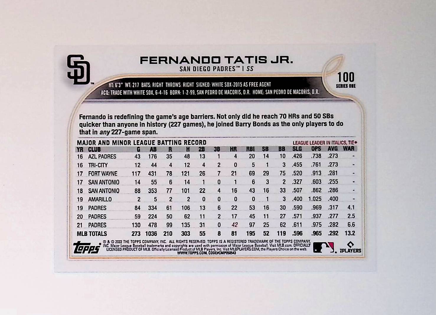 Fernando Tatis Jr 2022 Topps #100 - LoCo Collectables