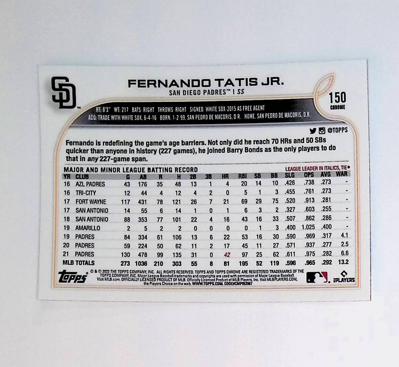 Fernando Tatis Jr 2022 Topps Chrome #150 - LoCo Collectables