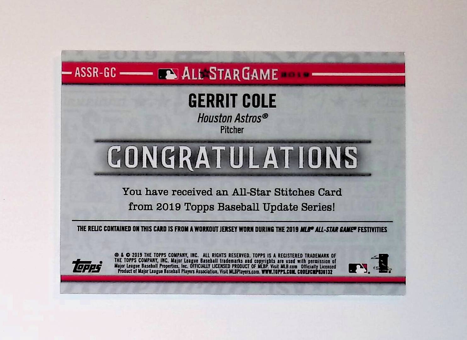 Gerrit Cole 2019 Topps Update All Star Stitches #ASSR-GC - LoCo Collectables