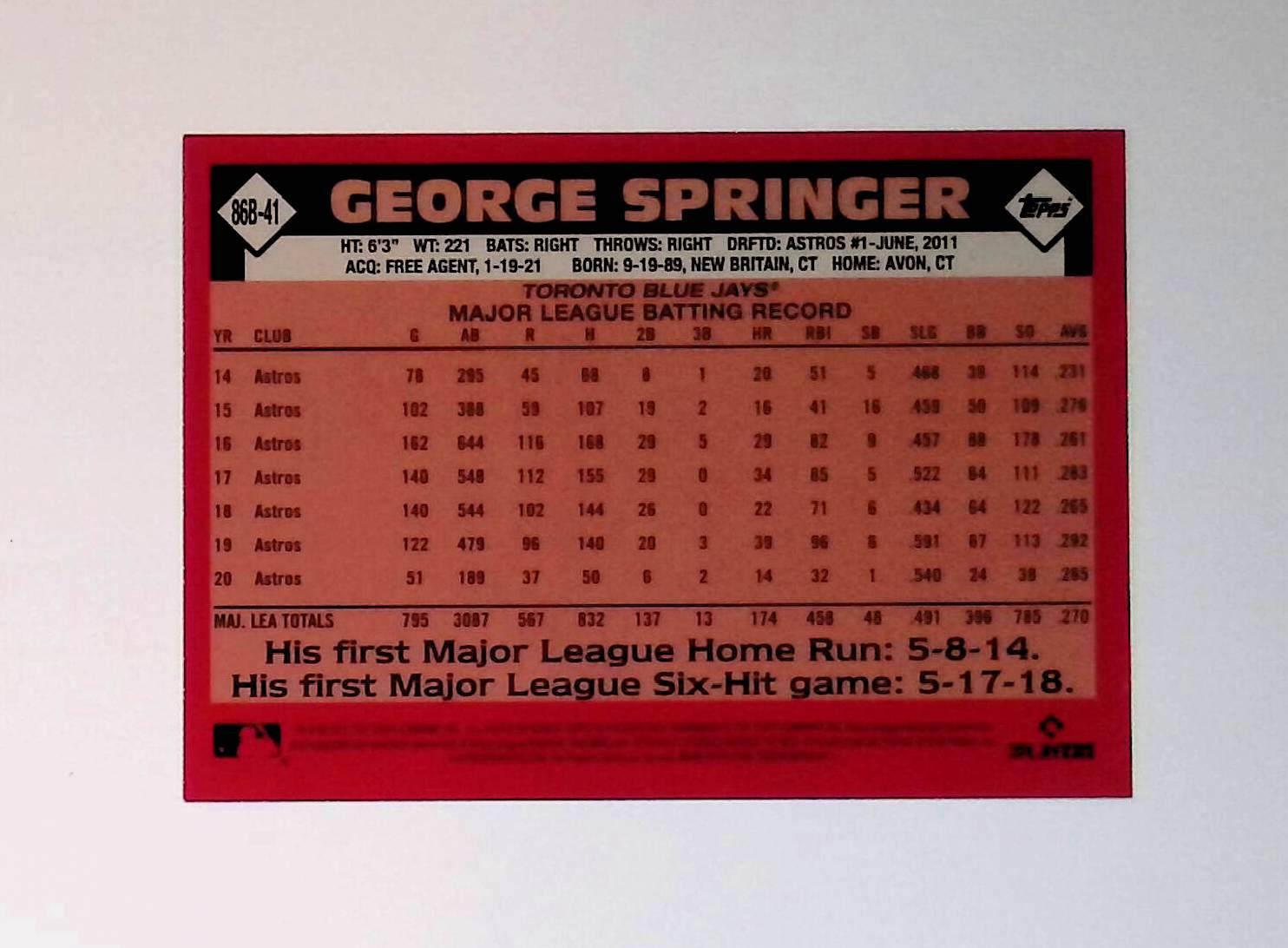 George Springer 2021 Topps '86 Topps Blue Border #86B-41 - LoCo Collectables