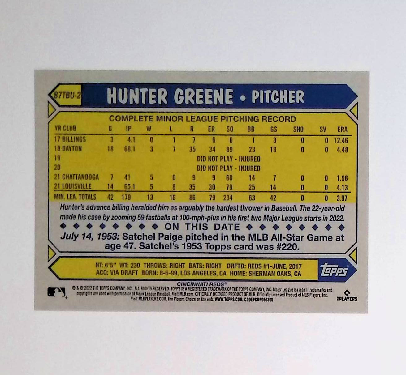 Hunter Greene 2022 Topps Update '87 Topps #87TBU-2 (Rookie Card) - LoCo Collectables