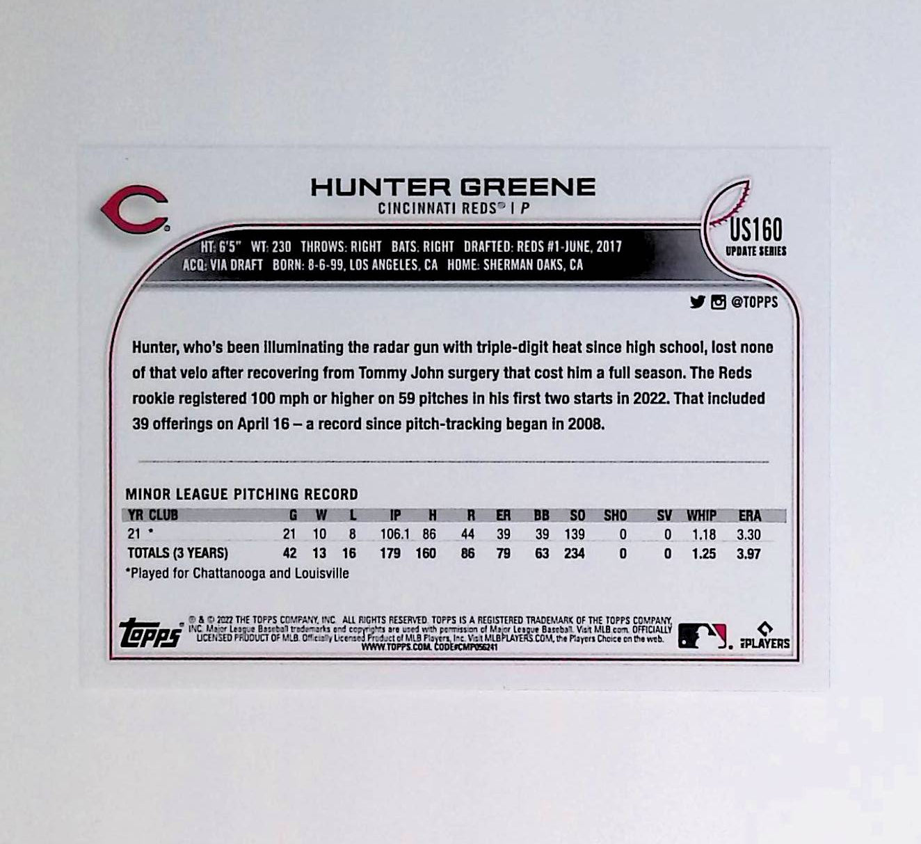 Hunter Greene 2022 Topps Update #US160 (Rookie Card) - LoCo Collectables