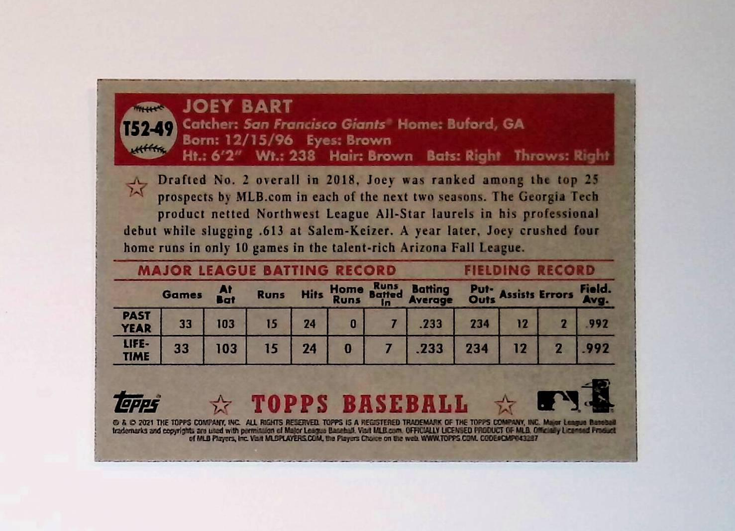 2021 Topps 1952 Topps Redux #T52-49 Joey Bart Rookie - LoCo Collectables