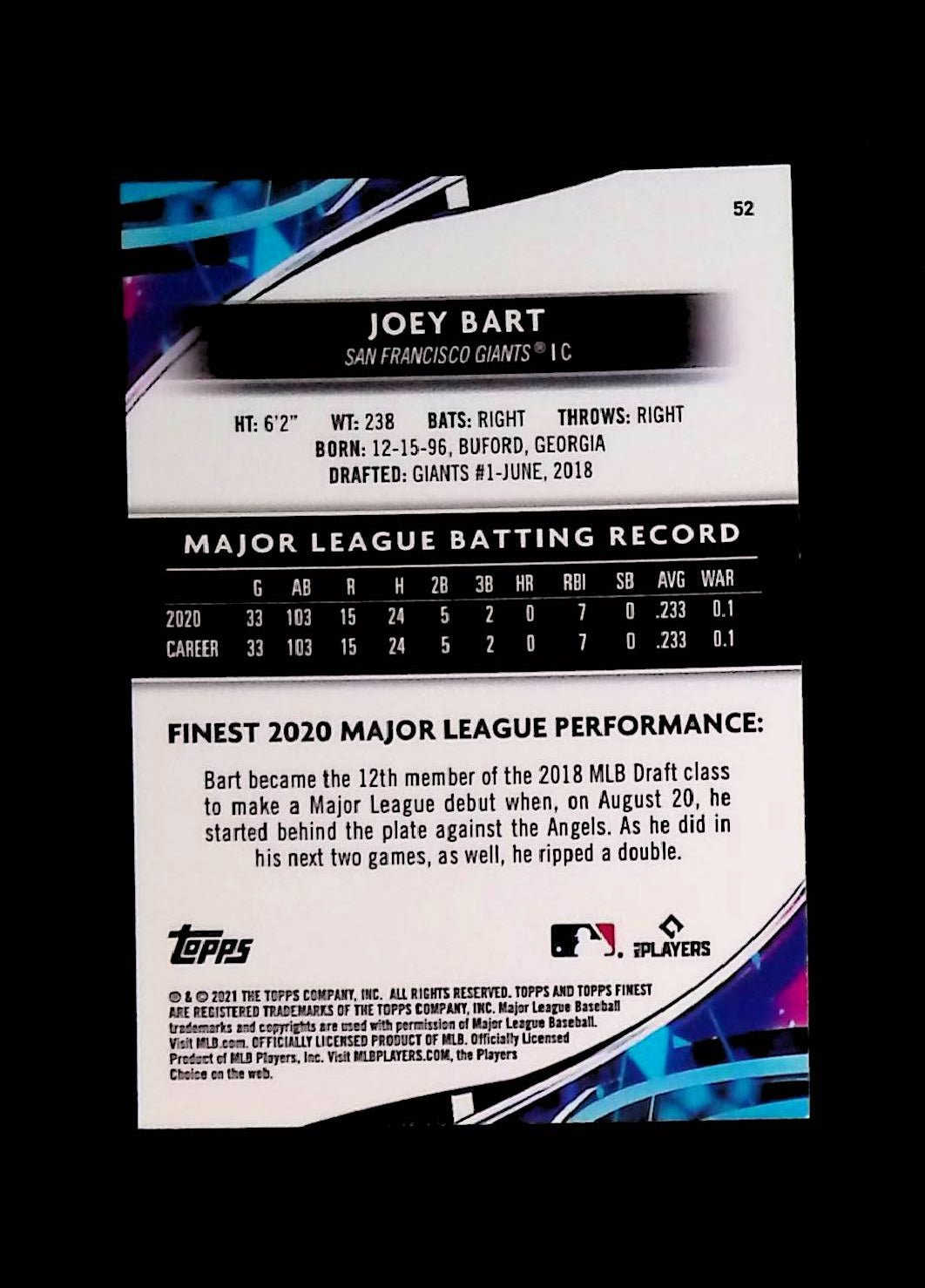 Joey Bart 2021 Topps Finest #52 (Rookie Card) - LoCo Collectables