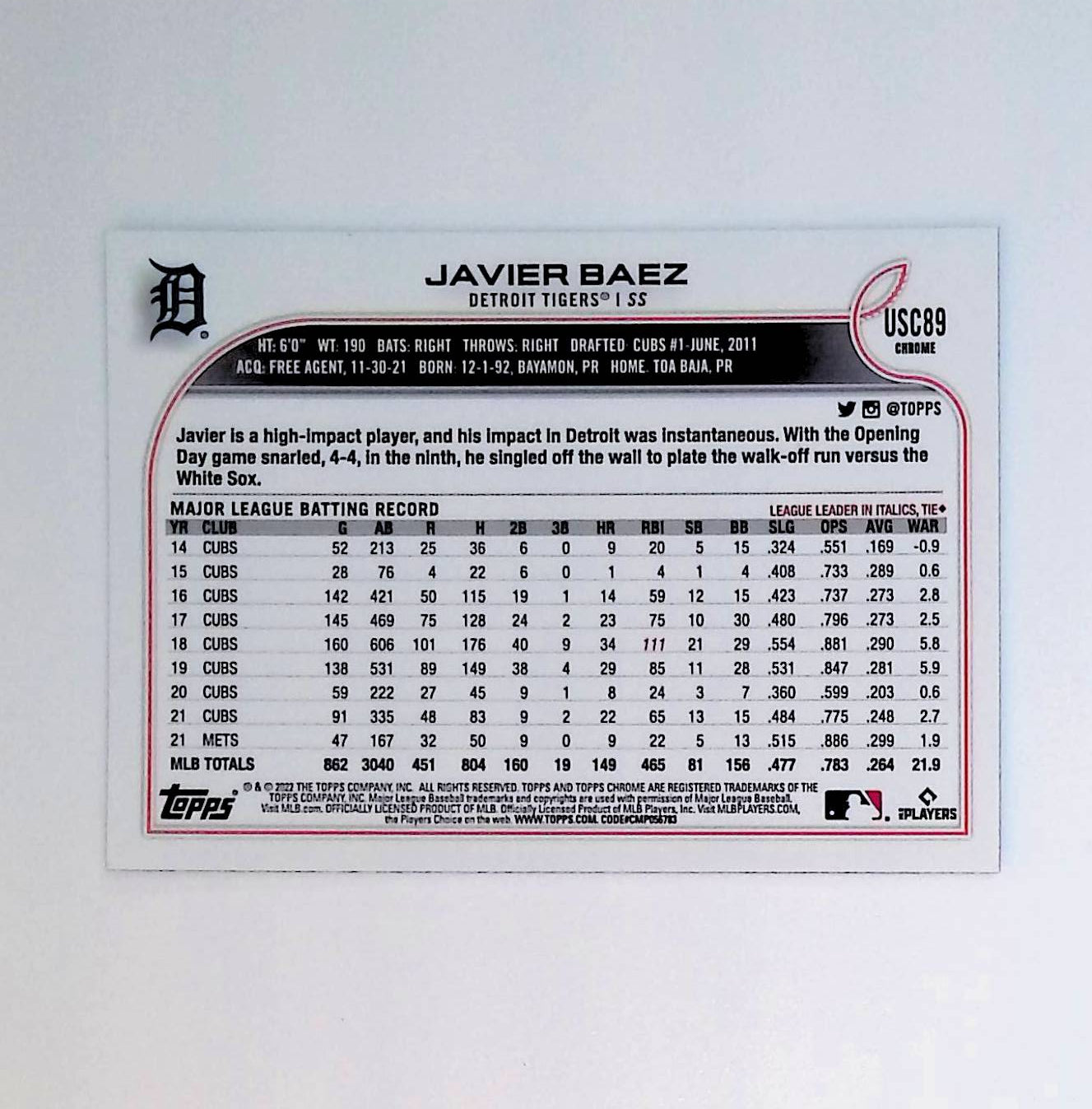 Javier Baez 2022 Topps Chrome Update Purple Refractors #USC89 - LoCo Collectables