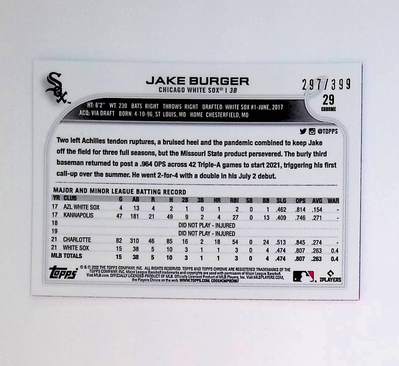 Jake Burger 2022 Topps Chrome Magenta Refractors #29 (Rookie Card) 297/399 - LoCo Collectables