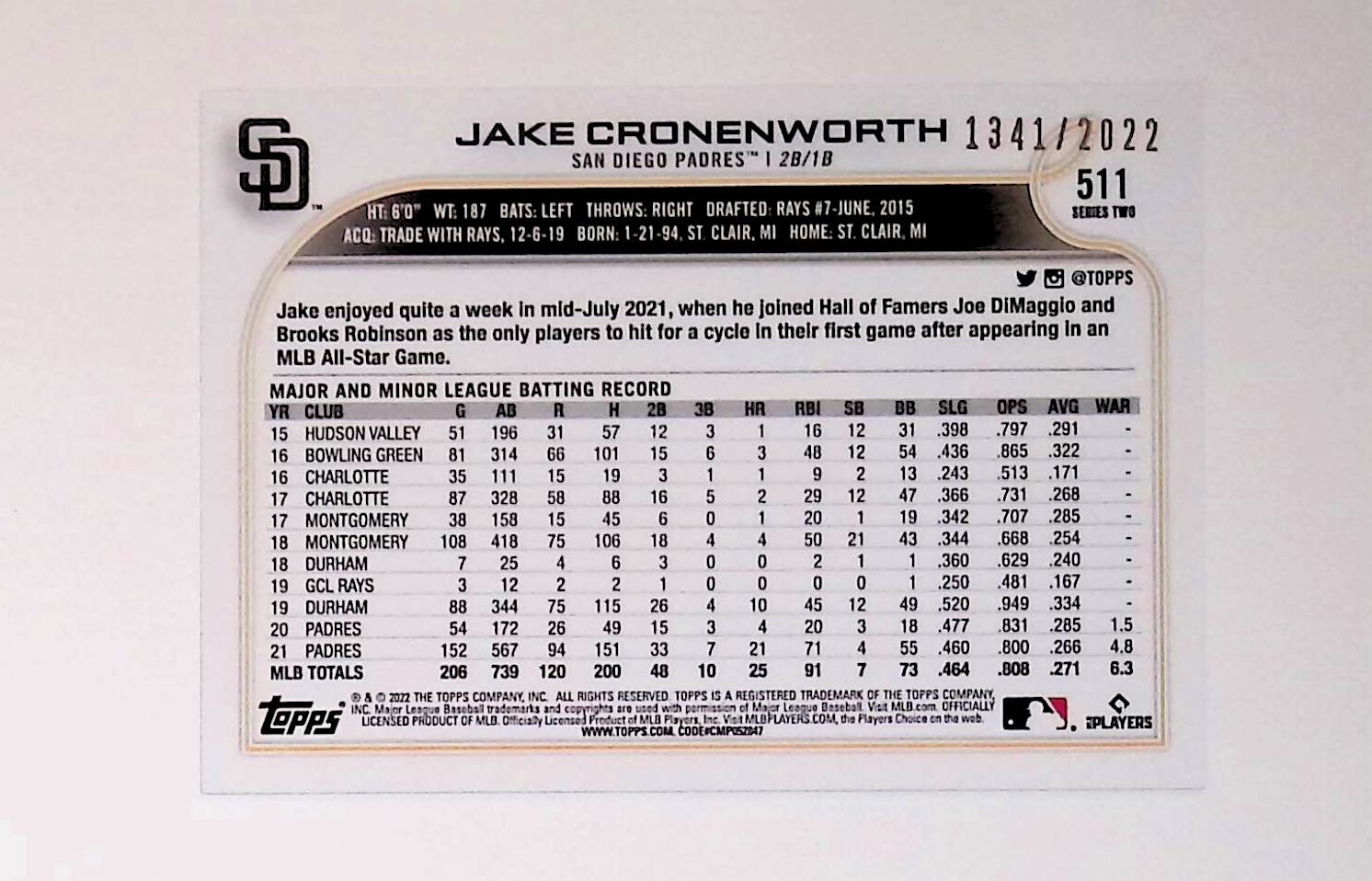  2022 Topps Gold Star 511 Jake Cronenworth - San Diego