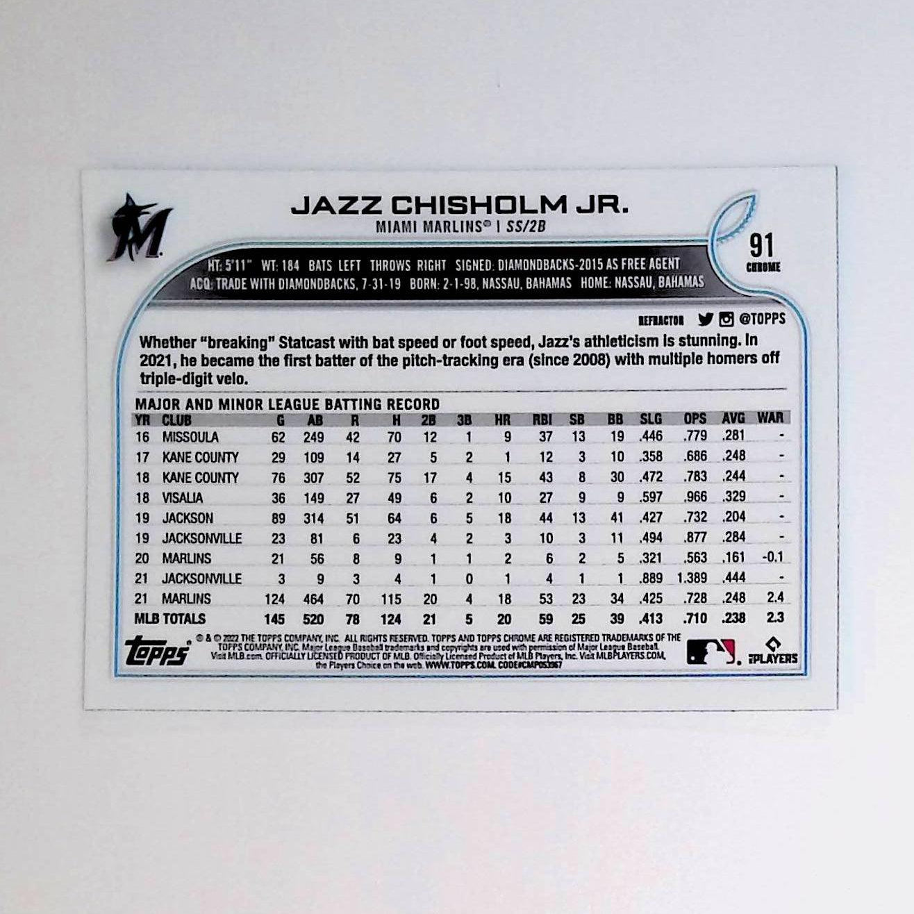 2022 Topps Chrome Refractor #91 Jazz Chisholm Jr - LoCo Collectables