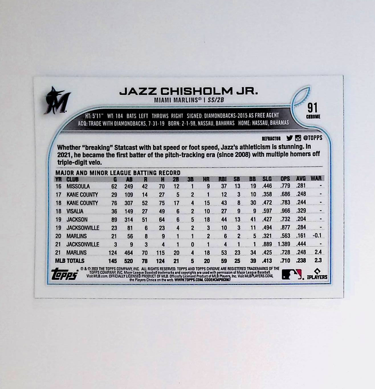 Jazz Chisholm Jr 2022 Topps Chrome Refractors #91 - LoCo Collectables