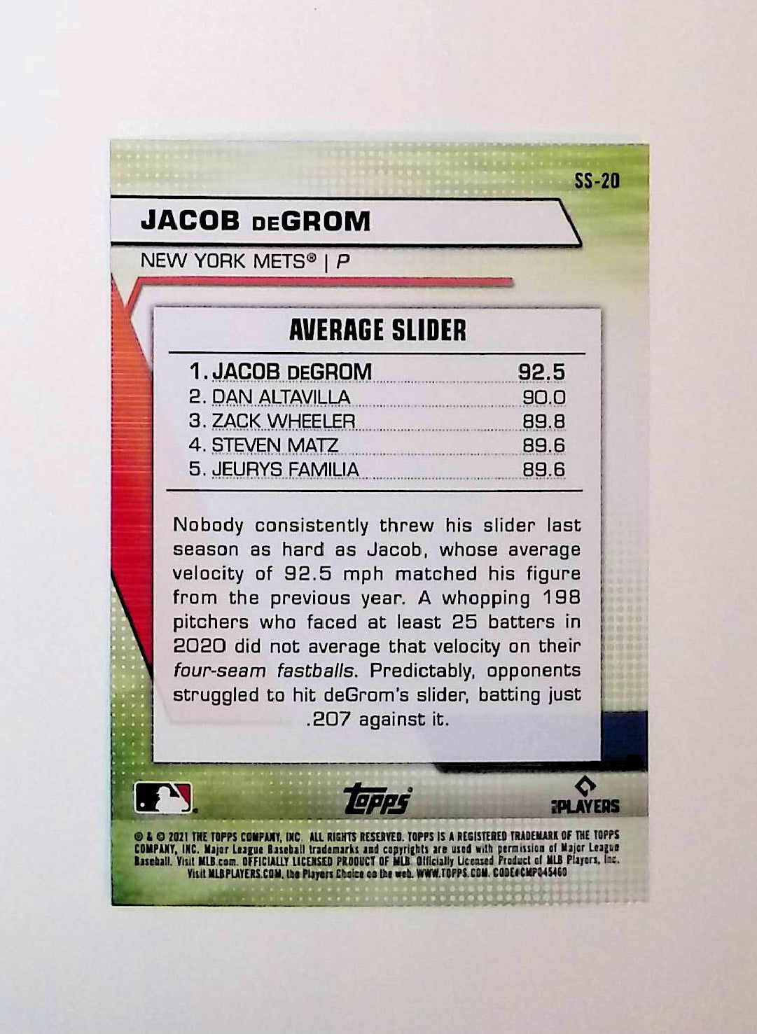 Jacob DeGrom 2021 Topps Significant Statistics #SS-20 - LoCo Collectables